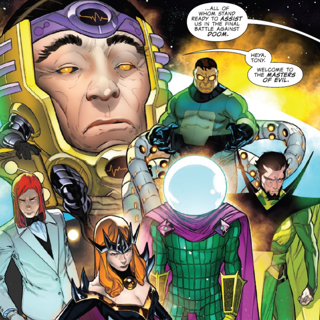 The Masters of Evil - MODOK, Doctor Octopus, Baron Mordo, Mysterio, Madelyne Pryor, and Arcde standing together as the Masters of Evil from One World Under Doom #2
