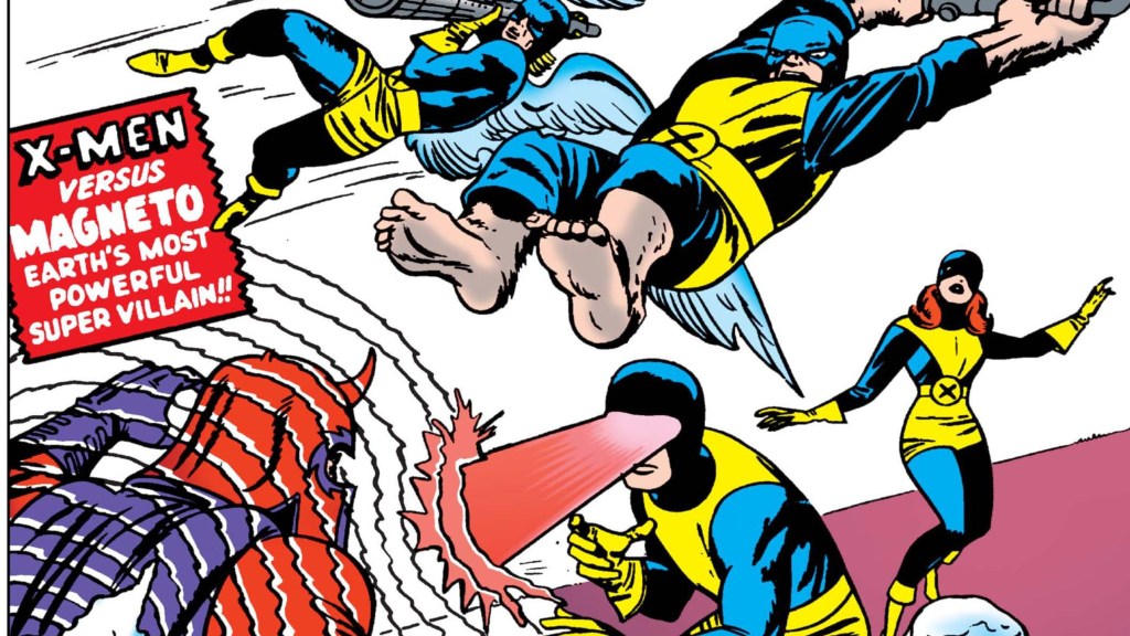 Cyclops, Beast, Angel, and Jean Grey battling Magneto on the cover to X-Men #1